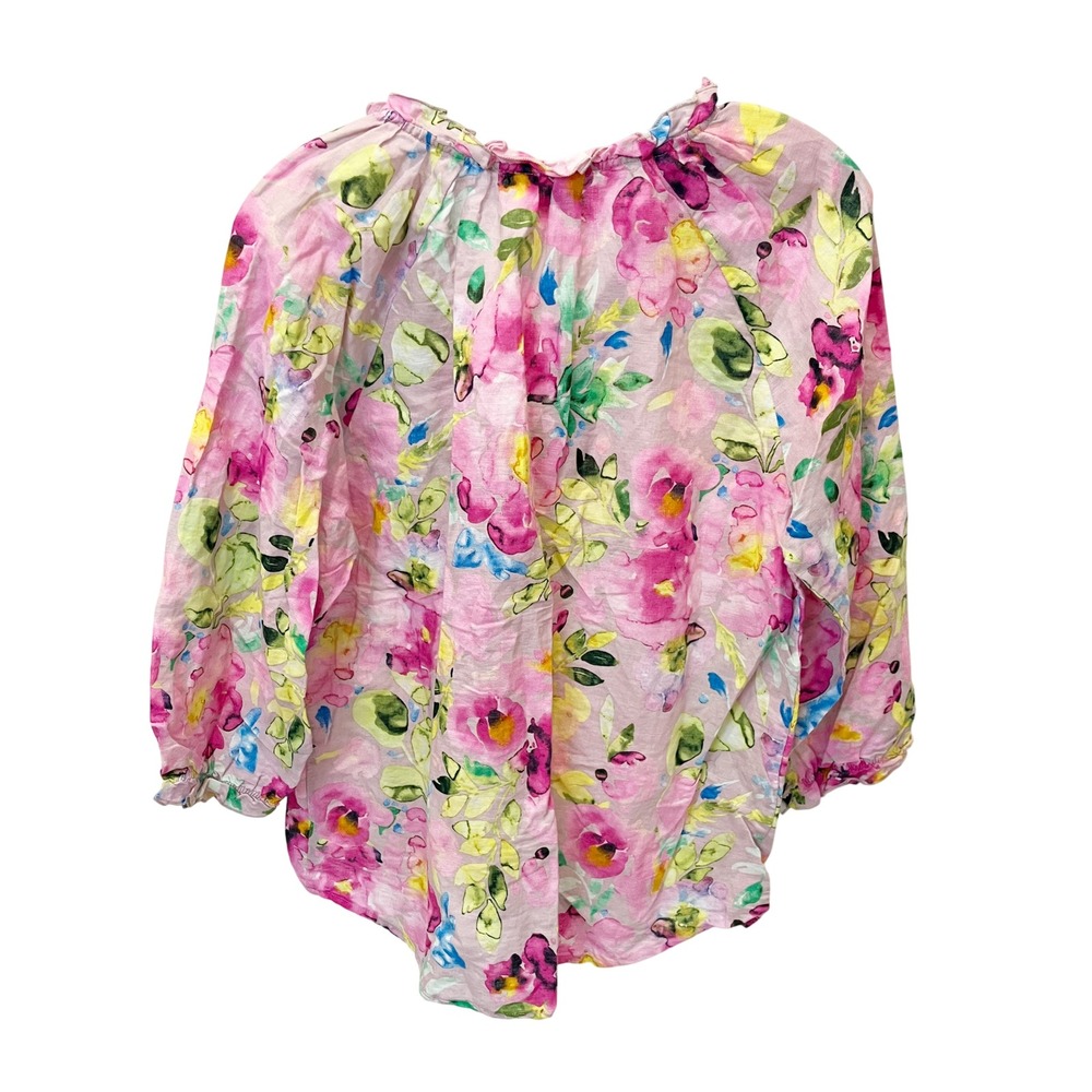 Hester & Orchard Floral Linen Blend Blouse XL Pink Watercolor Ruffle V-Neck Top - Picture 2 of 7